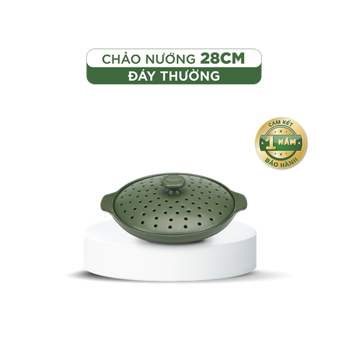 Chảo nướng dưỡng sinh sứ Minh Long Healthycook 28 cm + nắp có lỗ