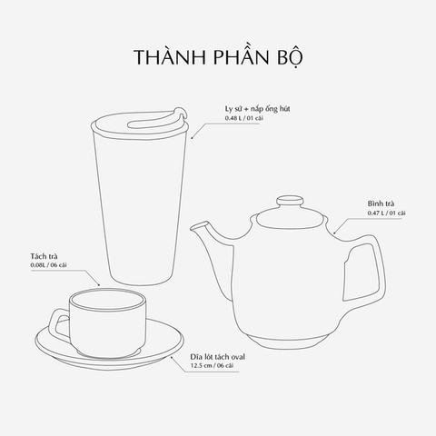 Combo 8 - Bộ trà Anna cao 0.47L VCV - Ly sứ dưỡng sinh (trắng) sứ Minh Long