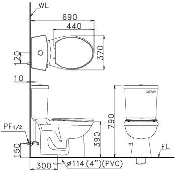 Bồn cầu 2 khối Caesar CT1325 xả 1 nhấn nắp thường