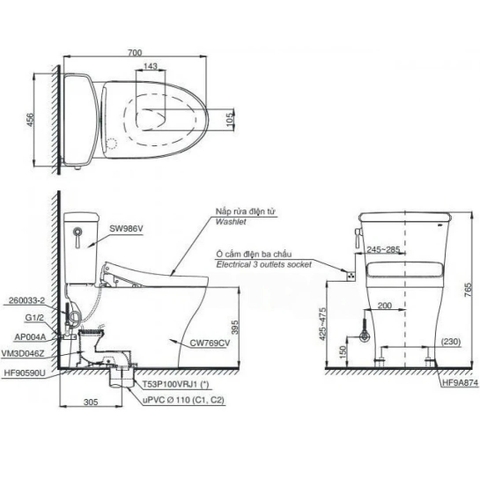 Bồn Cầu 2 Khối TOTO CS986CGW23 Nắp Rửa Washlet TCF47360GAA S7 Giấu Dây