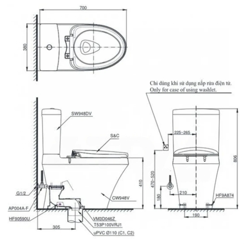 Bồn Cầu 2 Khối TOTO CS948CDW23 Washlet Giấu Dây Nắp TCF47360GAA S7