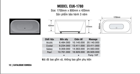 Bồn tắm Oval Euroca EU6-1780 dài 1m7 xây