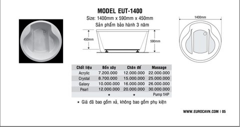 Bồn tắm Oval Euroca EUT-1400 dài 1m4 chân đế đặt sàn xây
