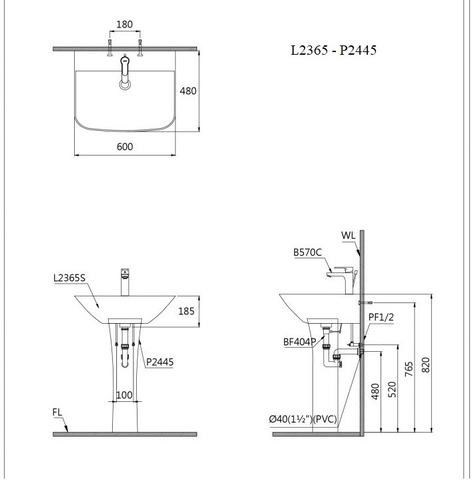 Lavabo chậu rửa mặt Caesar L2365 treo tường chân dài