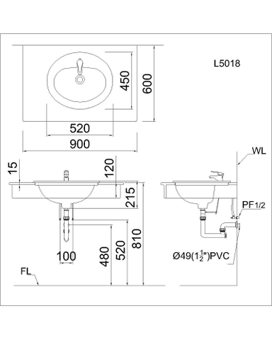 Lavabo chậu rửa mặt Caesar L5018 bán âm dương vành