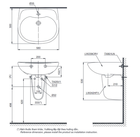Lavabo chậu rửa mặt TOTO LHT239CR#W treo tường chân ngắn
