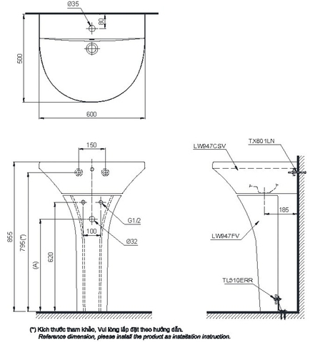 Lavabo chậu rửa mặt TOTO LHT766CR#XW treo tường chân ngắn sứ chống bám bẩn