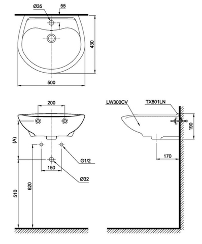 Lavabo chậu rửa mặt TOTO LT300C#W treo tường