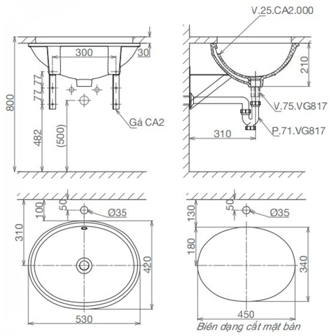 Lavabo chậu rửa mặt Viglacera CA2 âm bàn