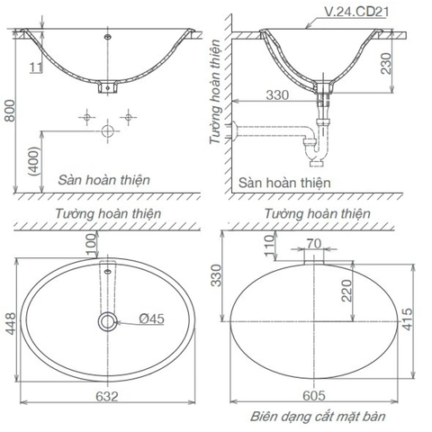 Lavabo chậu rửa mặt Viglacera CD21 bán âm dương vành