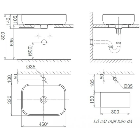 Lavabo chậu rửa mặt Viglacera V25 đặt bàn