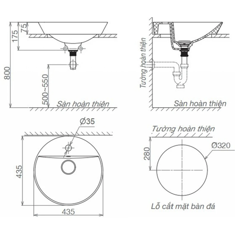 Lavabo chậu rửa mặt Viglacera V26 bán âm dương vành