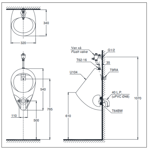 Bồn tiểu nam TOTO U104W/F#W DU601SRR treo tường + xả nhấn cơ