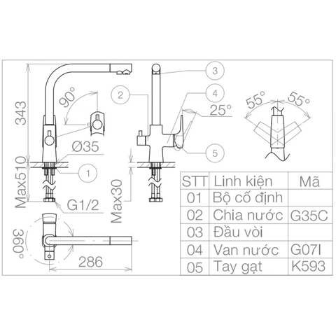 Vòi chậu rửa chén Viglacera VG713 nóng lạnh