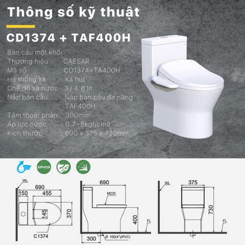 Bồn cầu 1 khối Caesar CD1374 nắp rửa điện tử TAF400H