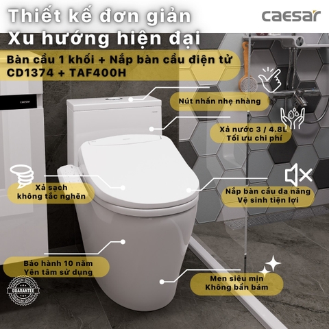 Bồn cầu 1 khối Caesar CD1374 nắp rửa điện tử TAF400H