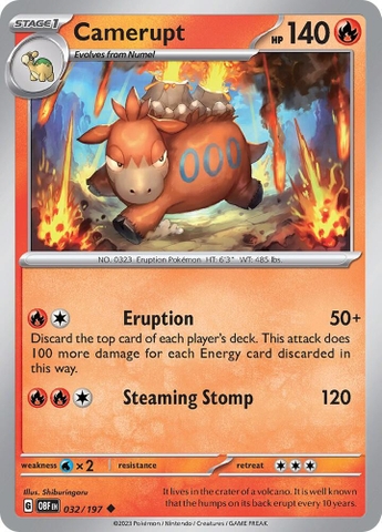 Thẻ hình Pokemon Camerupt 032/197 - Lá bài lẻ Obsidian Flames Uncommon Reverse Holo tiếng Anh chính hãng