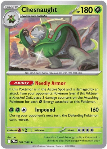 Thẻ hình Pokemon Chesnaught 007/086 - Lá bài lẻ Chaos Rising Holo Rare Reverse Holo tiếng Anh chính hãng