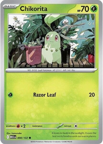 Thẻ hình Pokemon Chikorita 008/132 - Lá bài lẻ Mega Evolution Base Set Common Reverse Holo tiếng Anh chính hãng