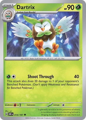 Thẻ hình Pokemon Dartrix 014/197 - Lá bài lẻ Obsidian Flames Uncommon Reverse Holo tiếng Anh chính hãng