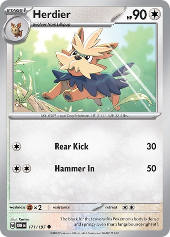 Thẻ hình Pokemon Herdier 171/197 - Lá bài lẻ Obsidian Flames Common Reverse Holo tiếng Anh chính hãng