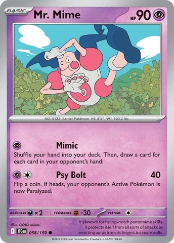 Thẻ hình Pokemon Mr. Mime 058/159 - Lá bài lẻ Journey Together Common Reverse Holo tiếng Anh chính hãng