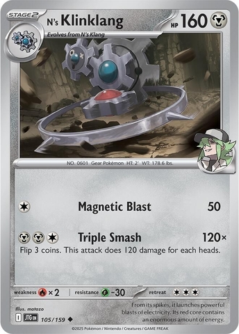 Thẻ hình Pokemon N's Klinklang 105/159 - Lá bài lẻ Journey Together Uncommon Reverse Holo tiếng Anh chính hãng