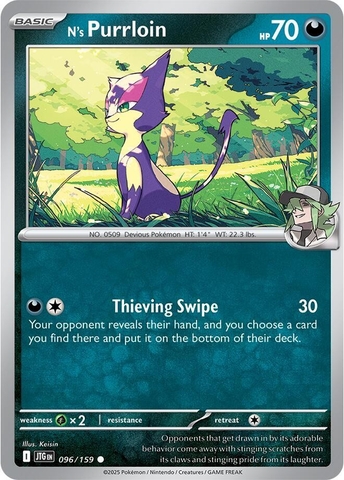 Thẻ hình Pokemon N's Purrloin 096/159 - Lá bài lẻ Journey Together Common Reverse Holo tiếng Anh chính hãng
