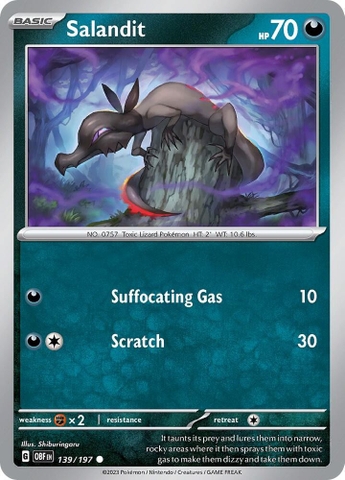 Thẻ hình Pokemon Salandit 139/197 - Lá bài lẻ Obsidian Flames Common Reverse Holo tiếng Anh chính hãng