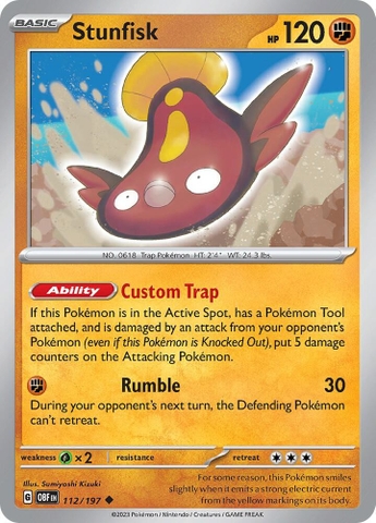 Thẻ hình Pokemon Stunfisk 112/197 - Lá bài lẻ Obsidian Flames Uncommon Reverse Holo tiếng Anh chính hãng