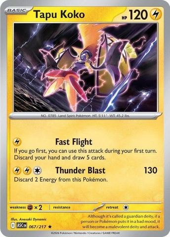 Thẻ hình Pokemon Tapu Koko 067/217 - Lá bài lẻ Ascended Heroes Holo Rare Quick Ball Holo tiếng Anh chính hãng