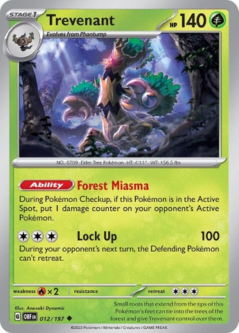 Thẻ hình Pokemon Trevenant 012/197 - Lá bài lẻ Obsidian Flames Uncommon Reverse Holo tiếng Anh chính hãng