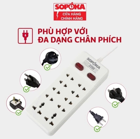 Ổ cắm 10 cửa lõi sứ chịu nhiệt 2200W 10Y-0 Sopoka