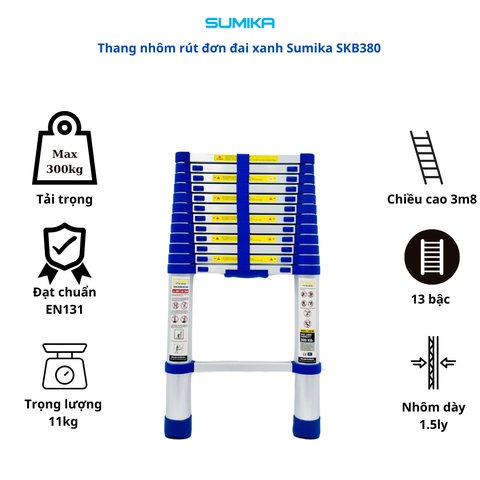 Thang rút nhôm Sumika SKB380, đai xanh, chiều cao 3.8m