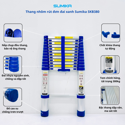 Thang rút nhôm Sumika SKB380, đai xanh, chiều cao 3.8m