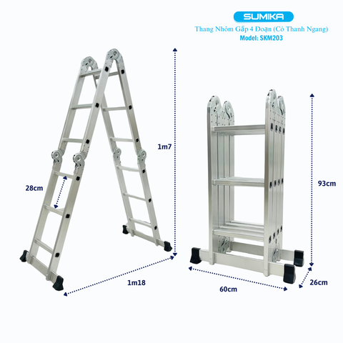 Thang nhôm gấp 4 đoạn Sumika SKM203, chữ A cao 1.7m, chữ I cao 3.58m