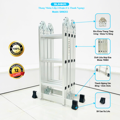 Thang nhôm gấp 4 đoạn Sumika SKM203, chữ A cao 1.7m, chữ I cao 3.58m