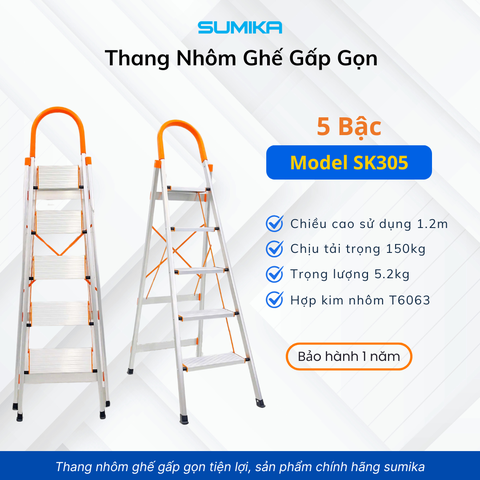 Thang nhôm ghế 5 bậc SUMIKA SK305, chiều cao 1.2m, tải trọng 150kg