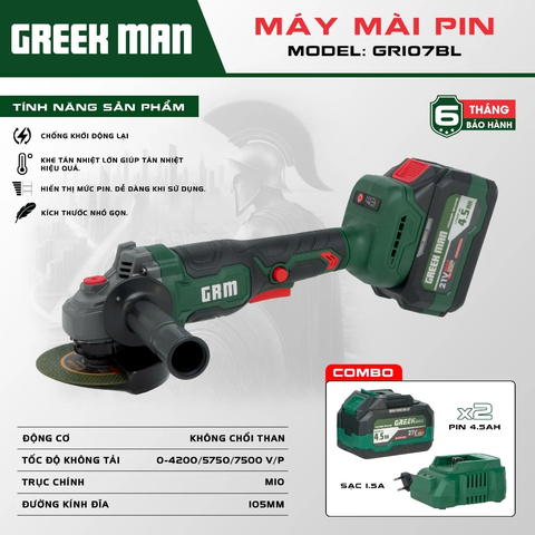 Máy mài pin 3 tốc độ Greekman (GEN1) GR107BL + TẶNG THÂN MÁY KHOAN PIN MULINSEN