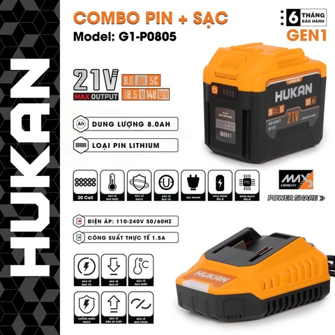 Combo pin 20Cell 8.0 + sạc 1.5Ah Hukan (tặng thân khoan vít và vít)