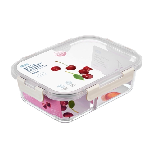 Hộp thủy tinh chữ nhật 2 ngăn Nikko Pure nắp 4 chấu Inochi 1520ml