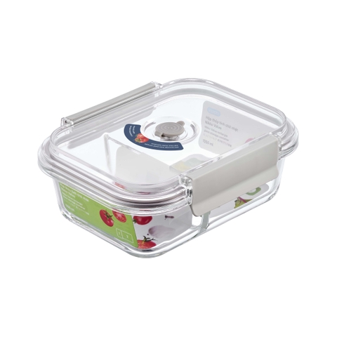 Hộp thủy tinh chữ nhật 2 ngăn Nikko Valve Nắp 2 chấu có lổ thoát hơi Inochi 1050ml