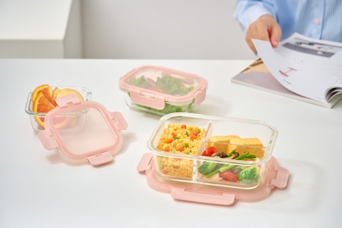 Hộp thủy tinh chữ nhật 3 ngăn Nikko Pure nắp 4 chấu Inochi 1520ml