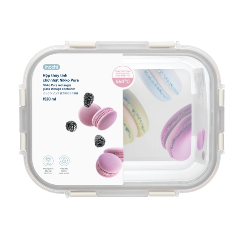 Hộp thủy tinh chữ nhật Nikko Pure nắp 4 chấu Inochi 1520ml