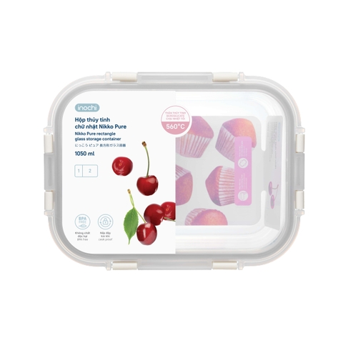 Hộp thủy tinh chữ nhật 2 ngăn Nikko Pure nắp 4 chấu Inochi 1520ml