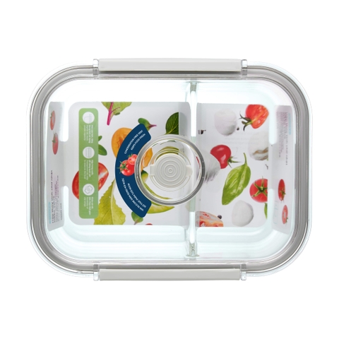 Hộp thủy tinh chữ nhật 2 ngăn Nikko Valve Nắp 2 chấu có lổ thoát hơi Inochi 1050ml