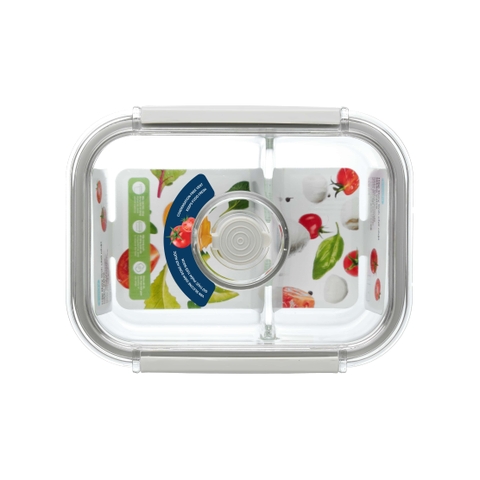 Hộp thủy tinh chữ nhật 2 ngăn Nikko Valve Nắp 2 chấu có lổ thoát hơi Inochi 640ml