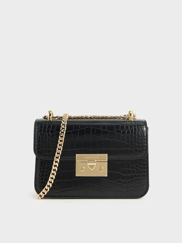Croc Effect Chain Strap Square Shoulder Bag