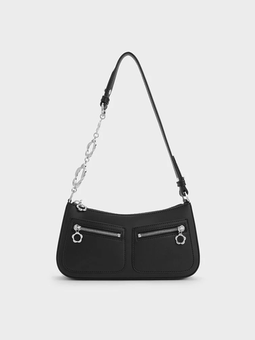 Flower-Embellished Trapezoid Shoulder Bag