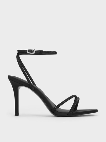 Satin Crystal-Embellished Asymmetric Heeled Sandals